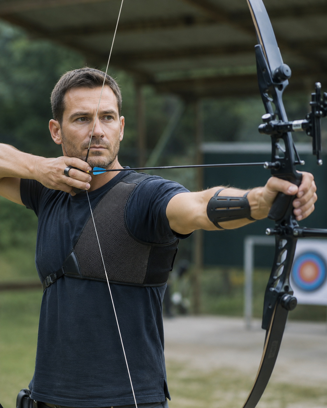 Adult archer at full draw with a recurve bow on an outdoor range